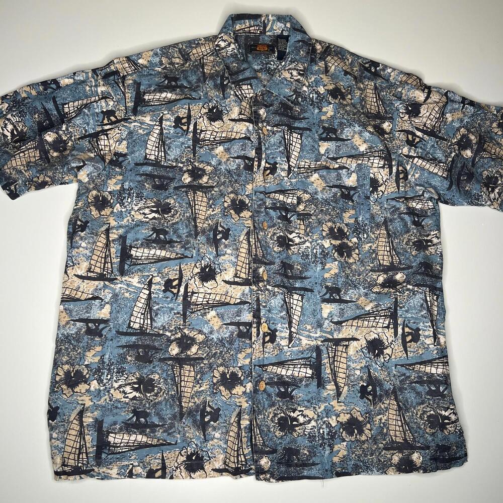 Route 66 Hawaiian Shirt Men’s XL Sailboat Palm Tree Print Rayon Vintage Aloha